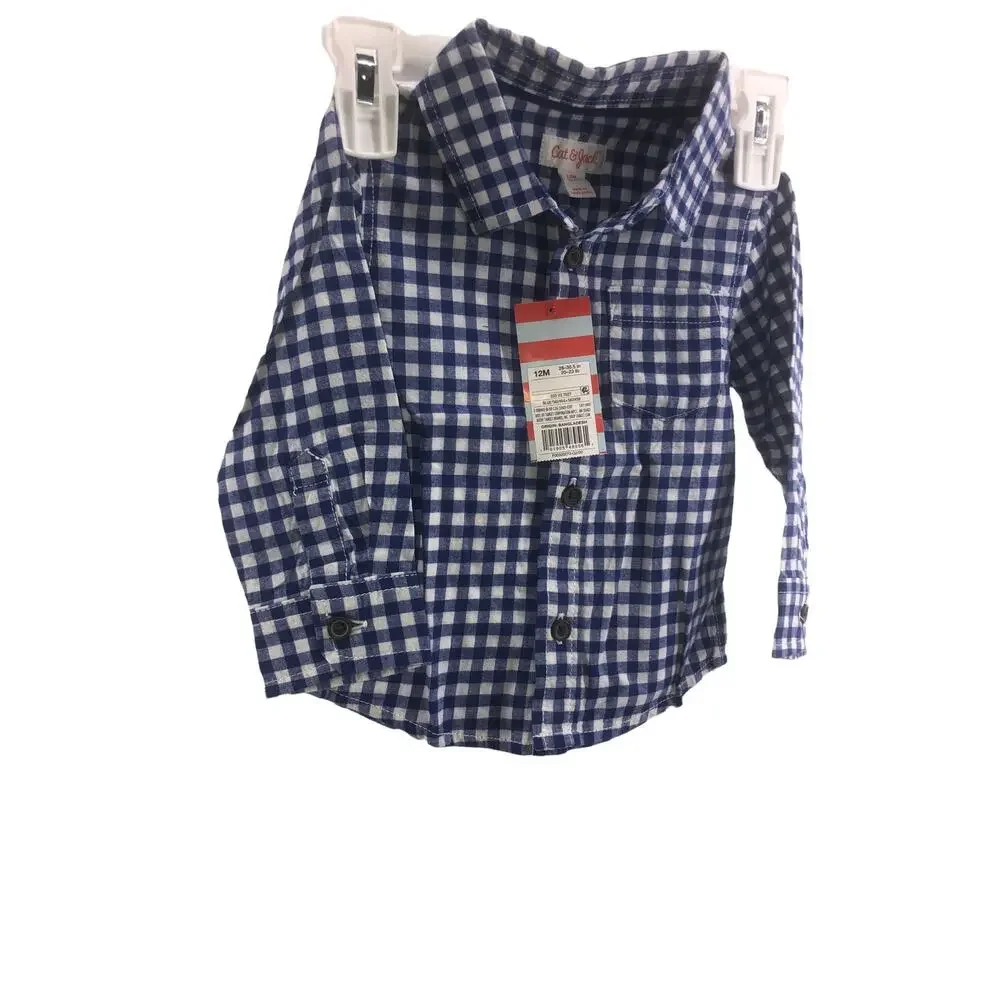 NWT Cat & Jack Boys' Blue Gingham Plaid Button Down Top Baby Size 12 Months - Picture 2 of 7